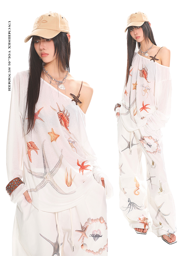 Summer Starfish Shell Print Casual Straight Pants for Work - American Design, Trendy and Comfortable, Perfect for Everyday Wear Summer Starfish Shell Print Casual Straight Pants for Work - American Design, Trendy and Comfortable, Perfect for Everyday Wear