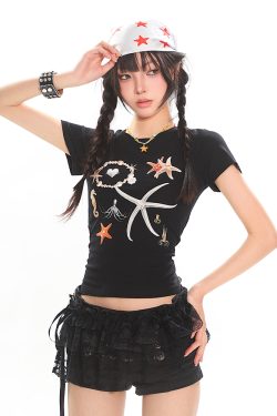 Summer Starfish Shell Print T-Shirt - Women's Short Sleeve Slim Fit Versatile Top, Perfect for Casual 90s and Y2K Style Outfits
