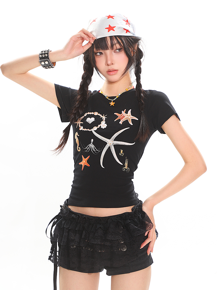 Summer Starfish Shell Print T-Shirt - Women's Short Sleeve Slim Fit Versatile Top, Perfect for Casual 90s and Y2K Style Outfits Summer Starfish Shell Print T-Shirt - Women's Short Sleeve Slim Fit Versatile Top, Perfect for Casual 90s and Y2K Style Outfits