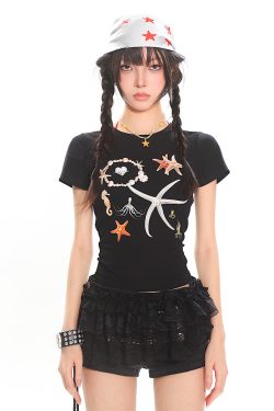 Summer Starfish Shell Print T-Shirt - Women's Short Sleeve Slim Fit Versatile Top, Perfect for Casual 90s and Y2K Style Outfits