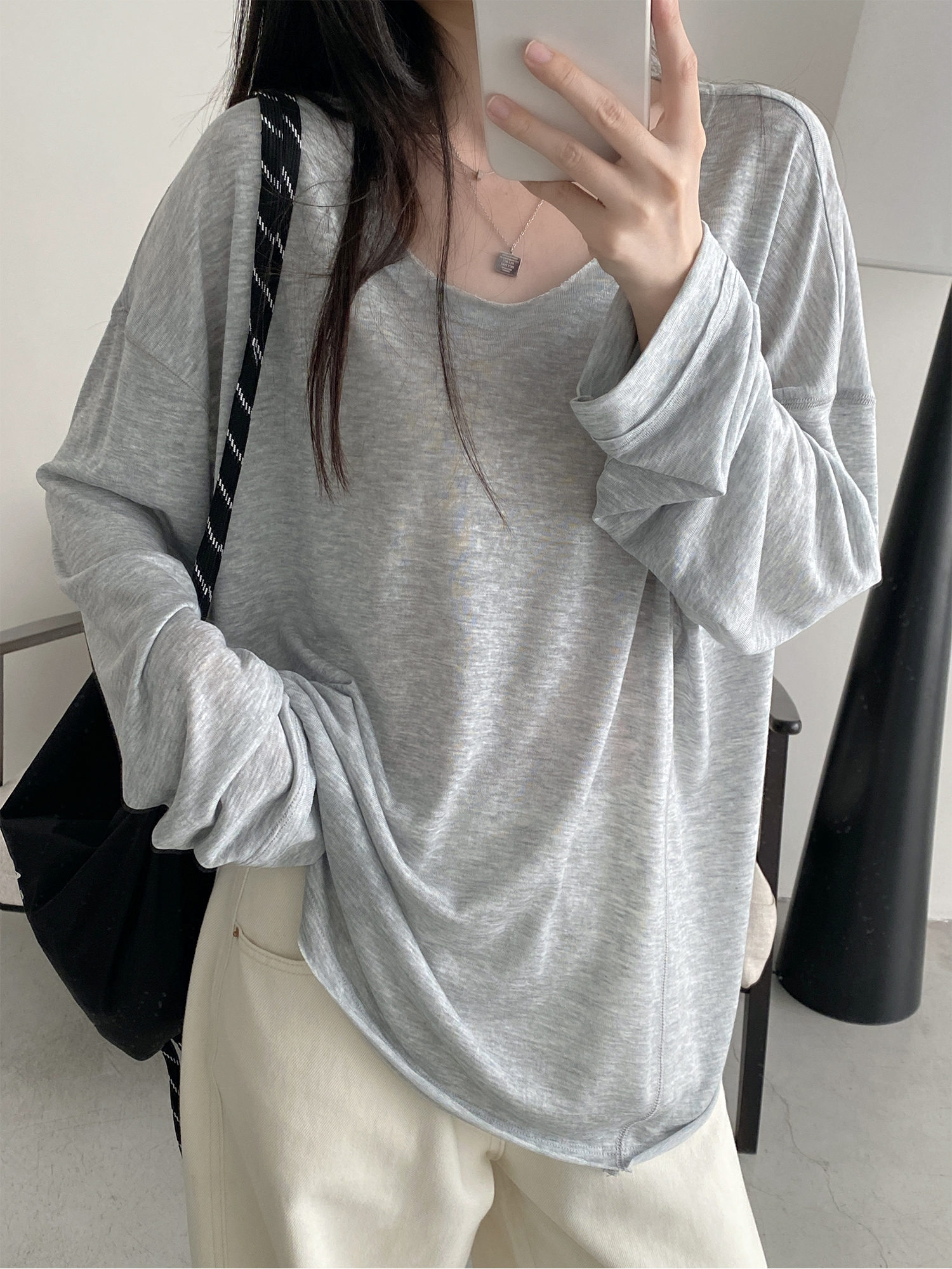 Summer Tencel U-Neck Frayed Big T-Shirt for Women - Loose Long Sleeve Casual Top, Perfect for 90s & Y2K Style Summer Tencel U-Neck Frayed Big T-Shirt for Women - Loose Long Sleeve Casual Top, Perfect for 90s & Y2K Style