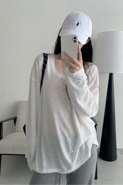 Summer Tencel U-Neck Frayed Big T-Shirt for Women - Loose Long Sleeve Casual Top, Perfect for 90s & Y2K Style