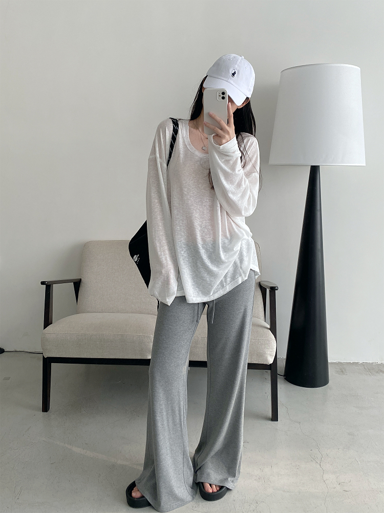 Summer Tencel U-Neck Frayed Big T-Shirt for Women - Loose Long Sleeve Casual Top, Perfect for 90s & Y2K Style Summer Tencel U-Neck Frayed Big T-Shirt for Women - Loose Long Sleeve Casual Top, Perfect for 90s & Y2K Style