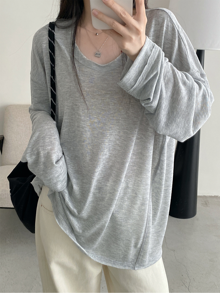 Summer Tencel U-Neck Frayed Big T-Shirt for Women - Loose Long Sleeve Casual Top, Perfect for 90s & Y2K Style Summer Tencel U-Neck Frayed Big T-Shirt for Women - Loose Long Sleeve Casual Top, Perfect for 90s & Y2K Style