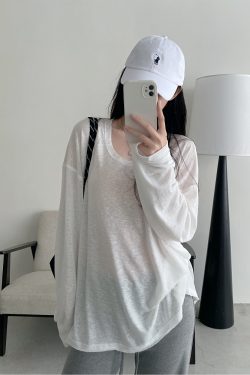 Summer Tencel U-Neck Frayed Big T-Shirt for Women - Loose Long Sleeve Casual Top, Perfect for 90s & Y2K Style