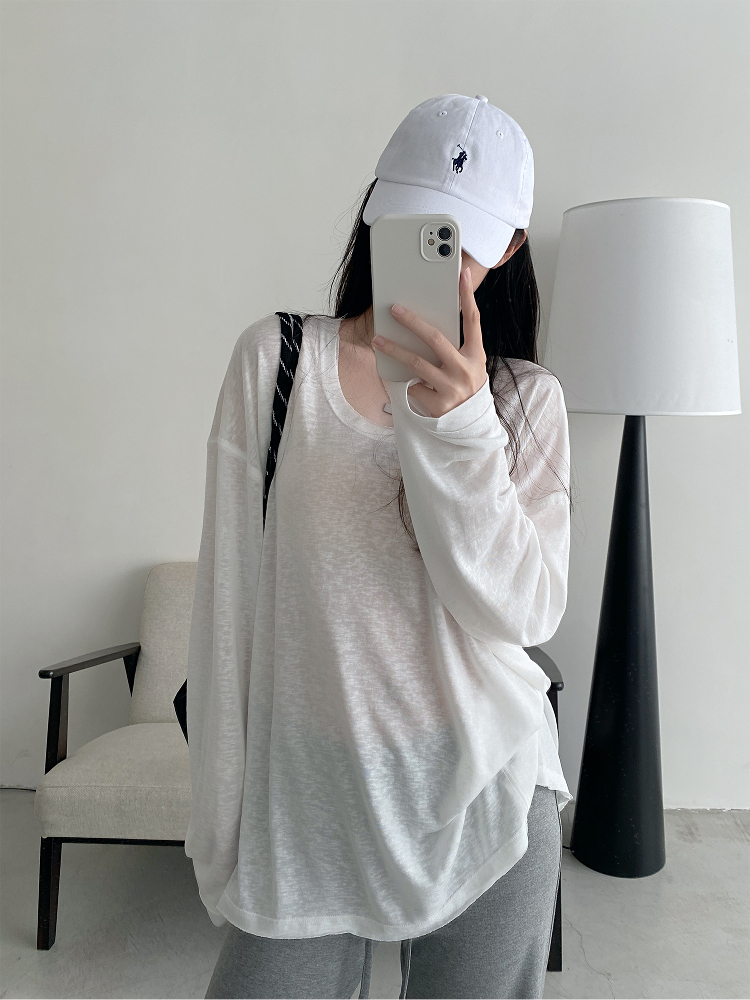 Summer Tencel U-Neck Frayed Big T-Shirt for Women - Loose Long Sleeve Casual Top, Perfect for 90s & Y2K Style Summer Tencel U-Neck Frayed Big T-Shirt for Women - Loose Long Sleeve Casual Top, Perfect for 90s & Y2K Style