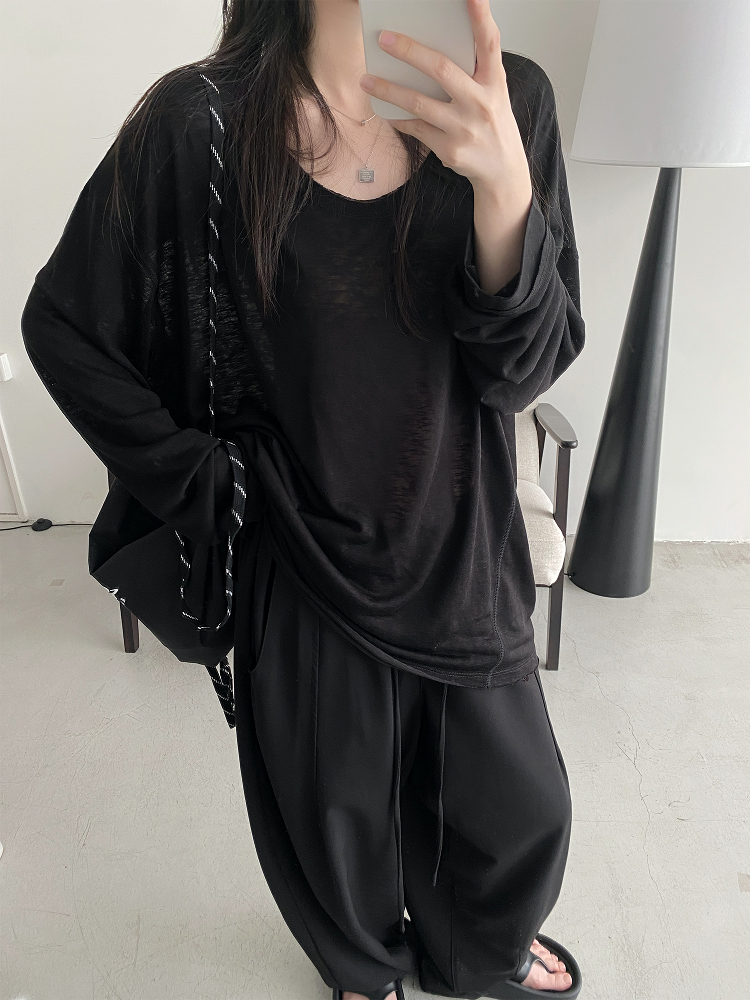 Summer Tencel U-Neck Frayed Big T-Shirt for Women - Loose Long Sleeve Casual Top, Perfect for 90s & Y2K Style Summer Tencel U-Neck Frayed Big T-Shirt for Women - Loose Long Sleeve Casual Top, Perfect for 90s & Y2K Style