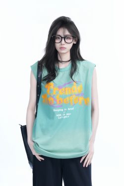 Summer Tie-Dye Gradient Sleeveless T-Shirt for Women, Loose Fit with Shoulder Straps, Trendy Casual Style