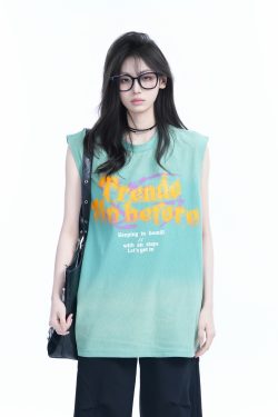 Summer Tie-Dye Gradient Sleeveless T-Shirt for Women, Loose Fit with Shoulder Straps, Trendy Casual Style