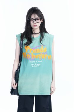 Summer Tie-Dye Gradient Sleeveless T-Shirt for Women, Loose Fit with Shoulder Straps, Trendy Casual Style