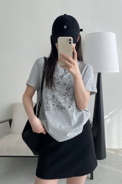 Summer Urban Island Sun Grapefruit Printed T-Shirt - Korean Style Round Neck Short Sleeve Slim Fit Top for Cool Comfort