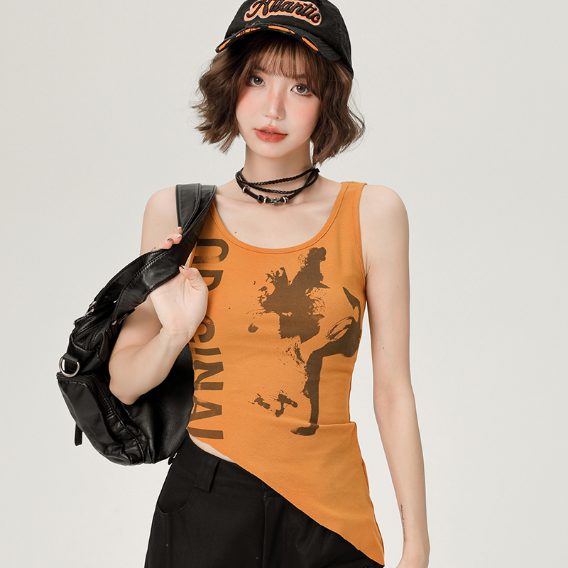Summer Vintage Asymmetrical Slim-Fit Tank Top for Women - American Style Spicy Girl Print, Cute and Trendy Fashion Summer Vintage Asymmetrical Slim-Fit Tank Top for Women - American Style Spicy Girl Print, Cute and Trendy Fashion