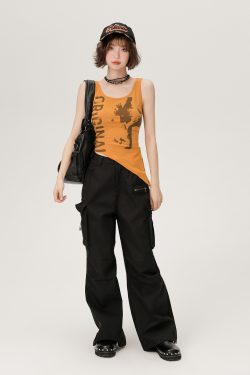 Summer Vintage Asymmetrical Slim-Fit Tank Top for Women - American Style Spicy Girl Print, Cute and Trendy Fashion