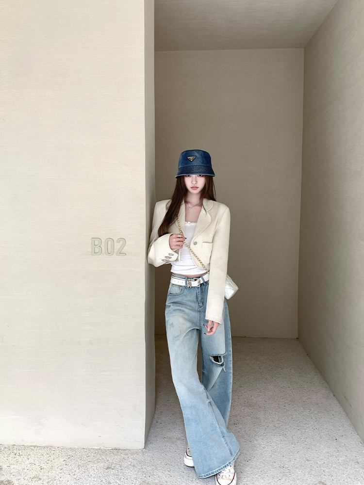 Summer Wash Blue Cat Whisker Ripped Loose Wide-Leg Jeans for Women - Trendy Y2K Style, Casual Chic Denim Pants Summer Wash Blue Cat Whisker Ripped Loose Wide-Leg Jeans for Women - Trendy Y2K Style, Casual Chic Denim Pants