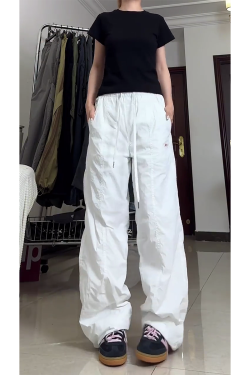 Summer White Cargo Pants for Women, Loose Fit Tapered Joggers with Drawstring, Casual Slimming American-Style Sportswear