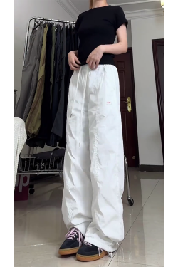Summer White Cargo Pants for Women, Loose Fit Tapered Joggers with Drawstring, Casual Slimming American-Style Sportswear