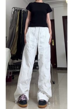 Summer White Cargo Pants for Women, Loose Fit Tapered Joggers with Drawstring, Casual Slimming American-Style Sportswear