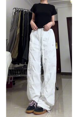 Summer White Cargo Pants for Women, Loose Fit Tapered Joggers with Drawstring, Casual Slimming American-Style Sportswear