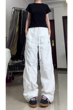 Summer White Cargo Pants for Women, Loose Fit Tapered Joggers with Drawstring, Casual Slimming American-Style Sportswear