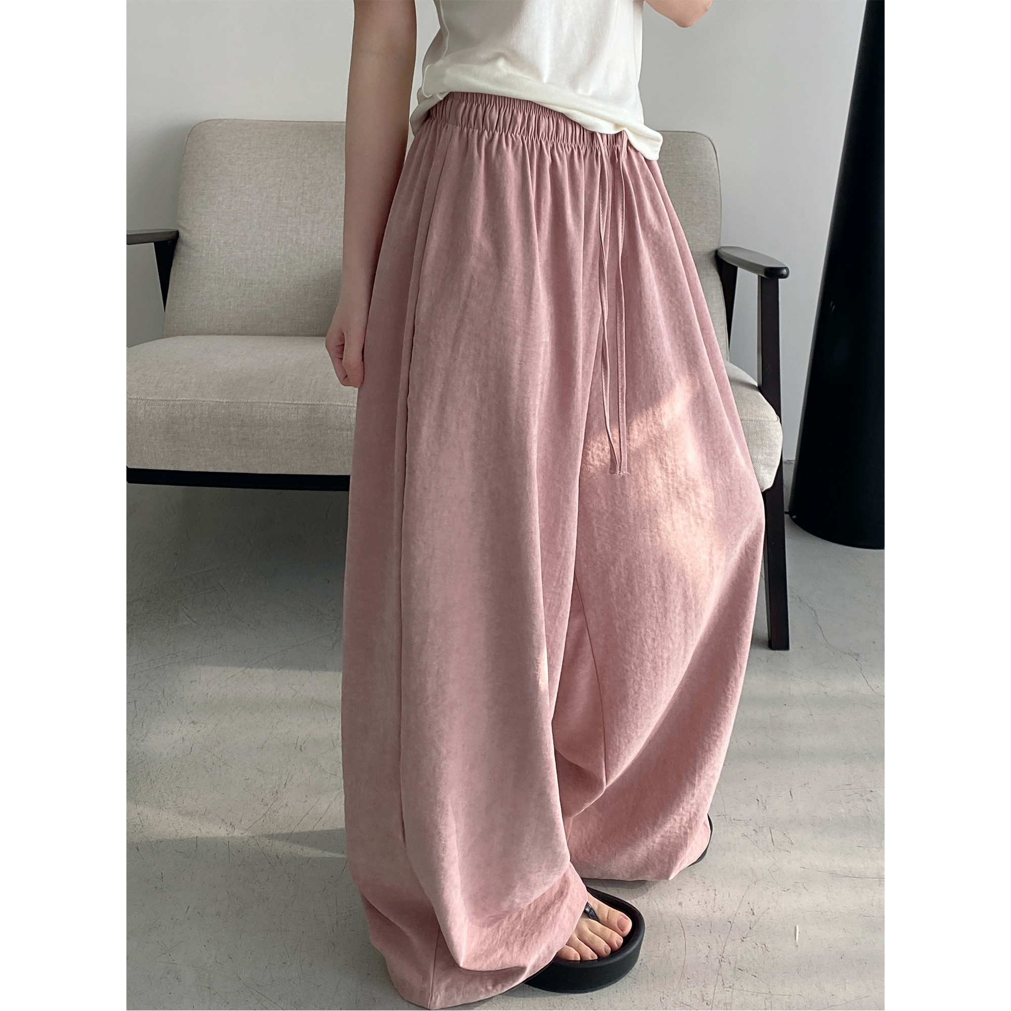 Summer Wide-Leg Casual Pants for Women - Loose Fit, Drawstring, Slightly Wrinkled Texture, Slimming Sun Grapefruit Color Summer Wide-Leg Casual Pants for Women - Loose Fit, Drawstring, Slightly Wrinkled Texture, Slimming Sun Grapefruit Color