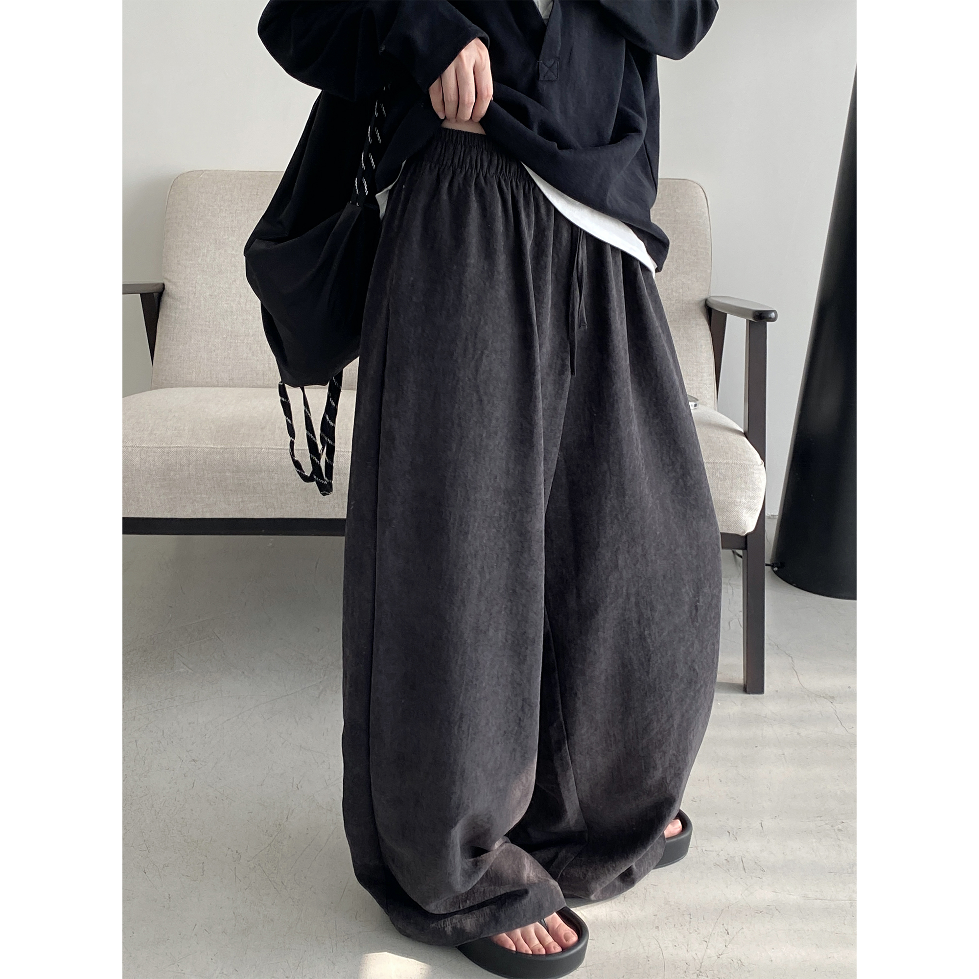 Summer Wide-Leg Casual Pants for Women - Loose Fit, Drawstring, Slightly Wrinkled Texture, Slimming Sun Grapefruit Color Summer Wide-Leg Casual Pants for Women - Loose Fit, Drawstring, Slightly Wrinkled Texture, Slimming Sun Grapefruit Color