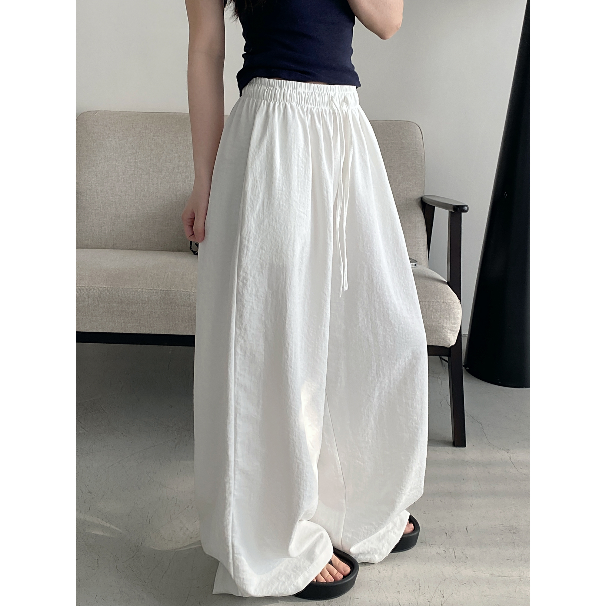 Summer Wide-Leg Casual Pants for Women - Loose Fit, Drawstring, Slightly Wrinkled Texture, Slimming Sun Grapefruit Color Summer Wide-Leg Casual Pants for Women - Loose Fit, Drawstring, Slightly Wrinkled Texture, Slimming Sun Grapefruit Color