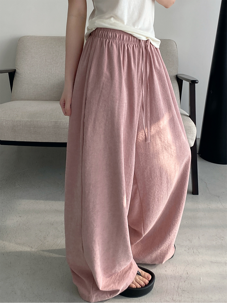 Summer Wide-Leg Casual Pants for Women - Loose Fit, Drawstring, Slightly Wrinkled Texture, Slimming Sun Grapefruit Color Summer Wide-Leg Casual Pants for Women - Loose Fit, Drawstring, Slightly Wrinkled Texture, Slimming Sun Grapefruit Color