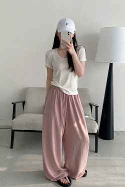 Summer Wide-Leg Casual Pants for Women - Loose Fit, Drawstring, Slightly Wrinkled Texture, Slimming Sun Grapefruit Color