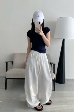 Summer Wide-Leg Casual Pants for Women - Loose Fit, Drawstring, Slightly Wrinkled Texture, Slimming Sun Grapefruit Color