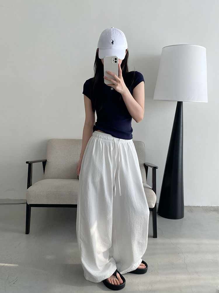 Summer Wide-Leg Casual Pants for Women - Loose Fit, Drawstring, Slightly Wrinkled Texture, Slimming Sun Grapefruit Color Summer Wide-Leg Casual Pants for Women - Loose Fit, Drawstring, Slightly Wrinkled Texture, Slimming Sun Grapefruit Color