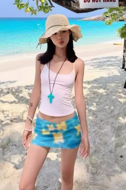 Summer Women's Blue Bodycon Skirt - Hand-Painted Egg Flower Design, Low-Waist Mesh, American Style, Hot and Spicy Short Skirt