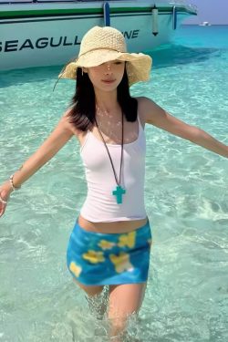 Summer Women's Blue Bodycon Skirt - Hand-Painted Egg Flower Design, Low-Waist Mesh, American Style, Hot and Spicy Short Skirt