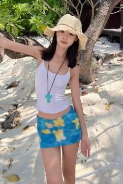 Summer Women's Blue Bodycon Skirt - Hand-Painted Egg Flower Design, Low-Waist Mesh, American Style, Hot and Spicy Short Skirt