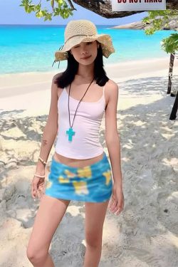 Summer Women's Blue Bodycon Skirt - Hand-Painted Egg Flower Design, Low-Waist Mesh, American Style, Hot and Spicy Short Skirt