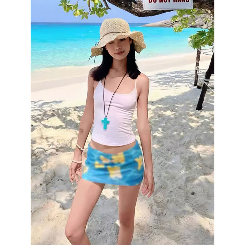 Summer Women's Blue Bodycon Skirt - Hand-Painted Egg Flower Design, Low-Waist Mesh, American Style, Hot and Spicy Short Skirt Summer Women's Blue Bodycon Skirt - Hand-Painted Egg Flower Design, Low-Waist Mesh, American Style, Hot and Spicy Short Skirt