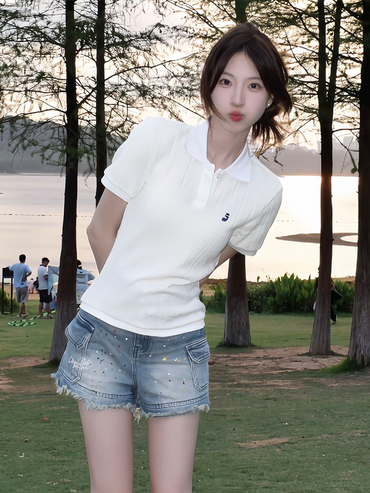 Summer Women's Knitted Short Sleeve Polo Shirt - Twisted Embroidered Design, Slim Fit, Flattering College Style Top Summer Women's Knitted Short Sleeve Polo Shirt - Twisted Embroidered Design, Slim Fit, Flattering College Style Top