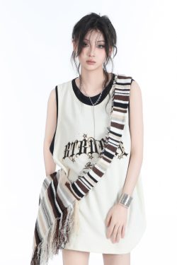 Summer Women's Loose Sports Sleeveless Top - Embroidered Fake Two-Piece Vest with "Sit and Eat Until the Mountains Are Empty" Design