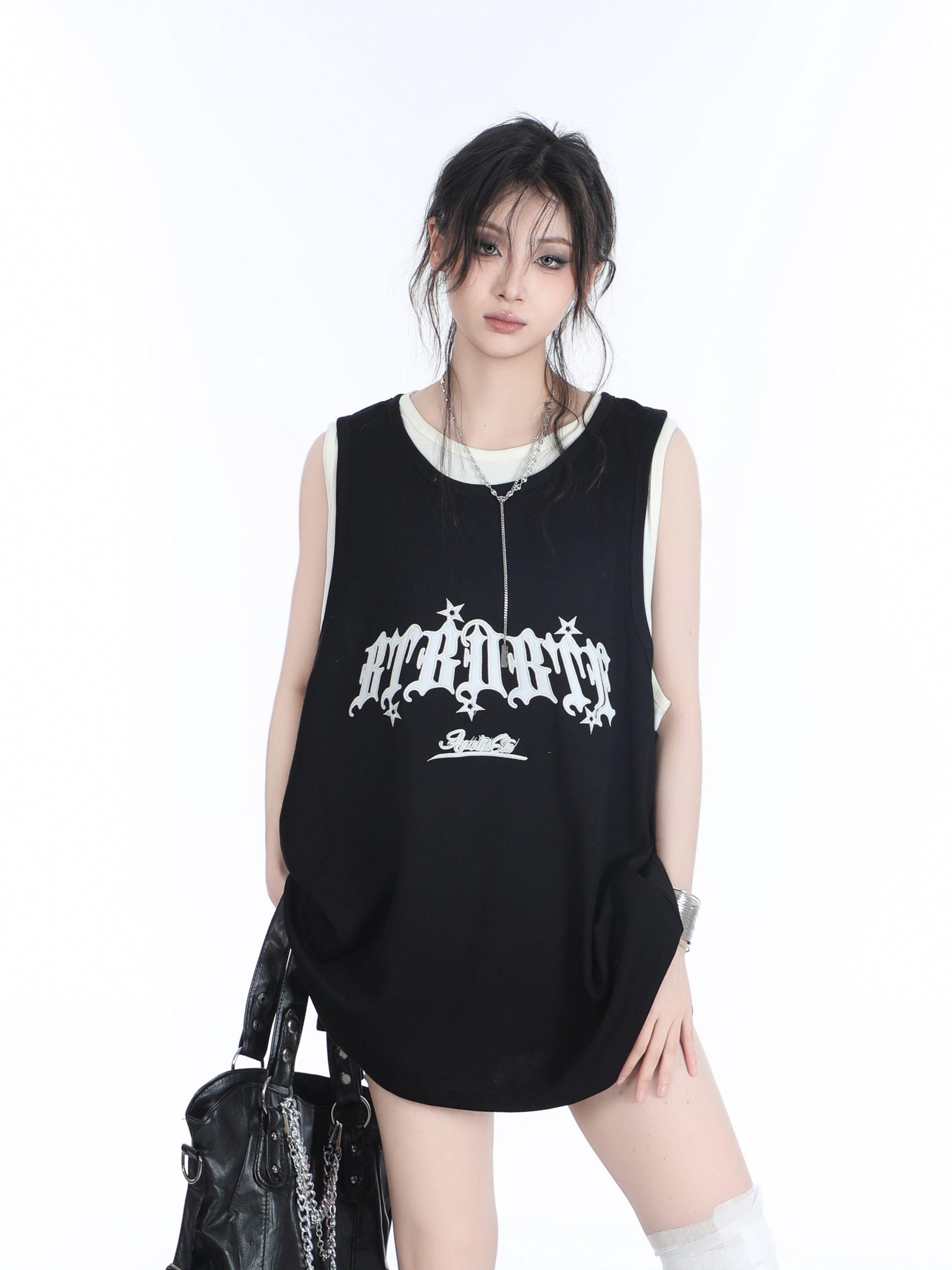 Summer Women's Loose Sports Sleeveless Top - Embroidered Fake Two-Piece Vest with "Sit and Eat Until the Mountains Are Empty" Design Summer Women's Loose Sports Sleeveless Top - Embroidered Fake Two-Piece Vest with "Sit and Eat Until the Mountains Are Empty" Design