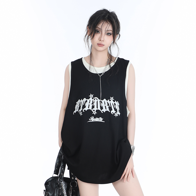 Summer Women's Loose Sports Sleeveless Top - Embroidered Fake Two-Piece Vest with "Sit and Eat Until the Mountains Are Empty" Design Summer Women's Loose Sports Sleeveless Top - Embroidered Fake Two-Piece Vest with "Sit and Eat Until the Mountains Are Empty" Design