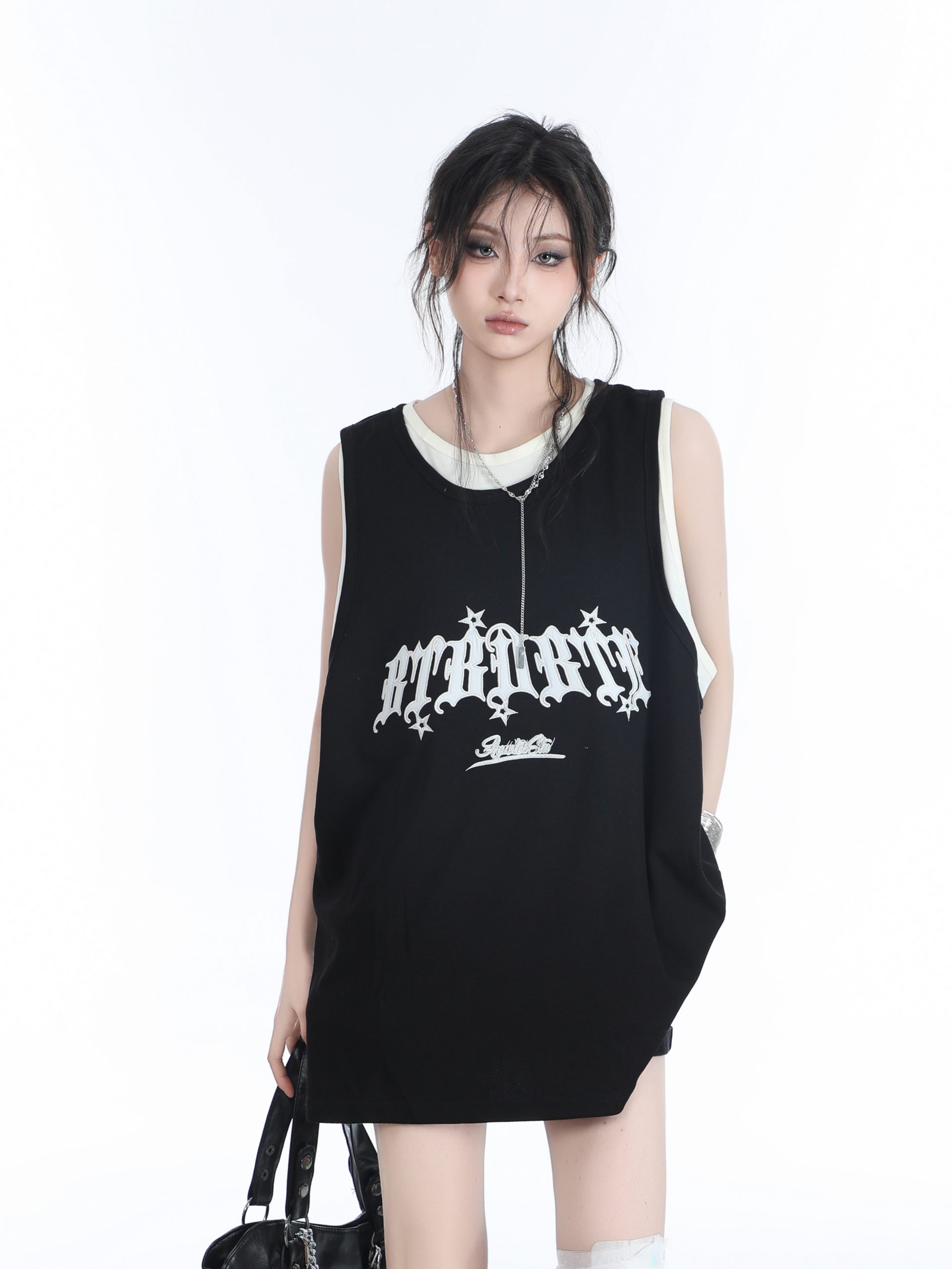 Summer Women's Loose Sports Sleeveless Top - Embroidered Fake Two-Piece Vest with "Sit and Eat Until the Mountains Are Empty" Design Summer Women's Loose Sports Sleeveless Top - Embroidered Fake Two-Piece Vest with "Sit and Eat Until the Mountains Are Empty" Design