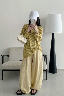 Summer Women's Slim Minimalist Wide-Leg Pants in Sun Grapefruit Linen Tencel - Thin Loose Fit for Effortless Style