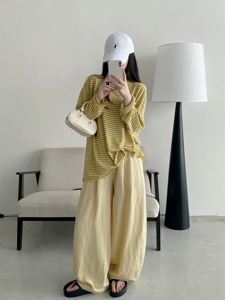 Summer Women's Slim Minimalist Wide-Leg Pants in Sun Grapefruit Linen Tencel - Thin Loose Fit for Effortless Style Summer Women's Slim Minimalist Wide-Leg Pants in Sun Grapefruit Linen Tencel - Thin Loose Fit for Effortless Style