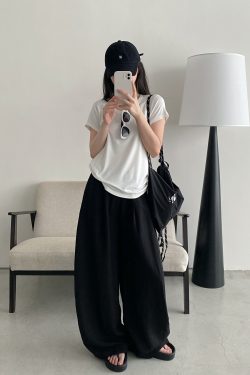 Summer Women's Slim Minimalist Wide-Leg Pants in Sun Grapefruit Linen Tencel - Thin Loose Fit for Effortless Style