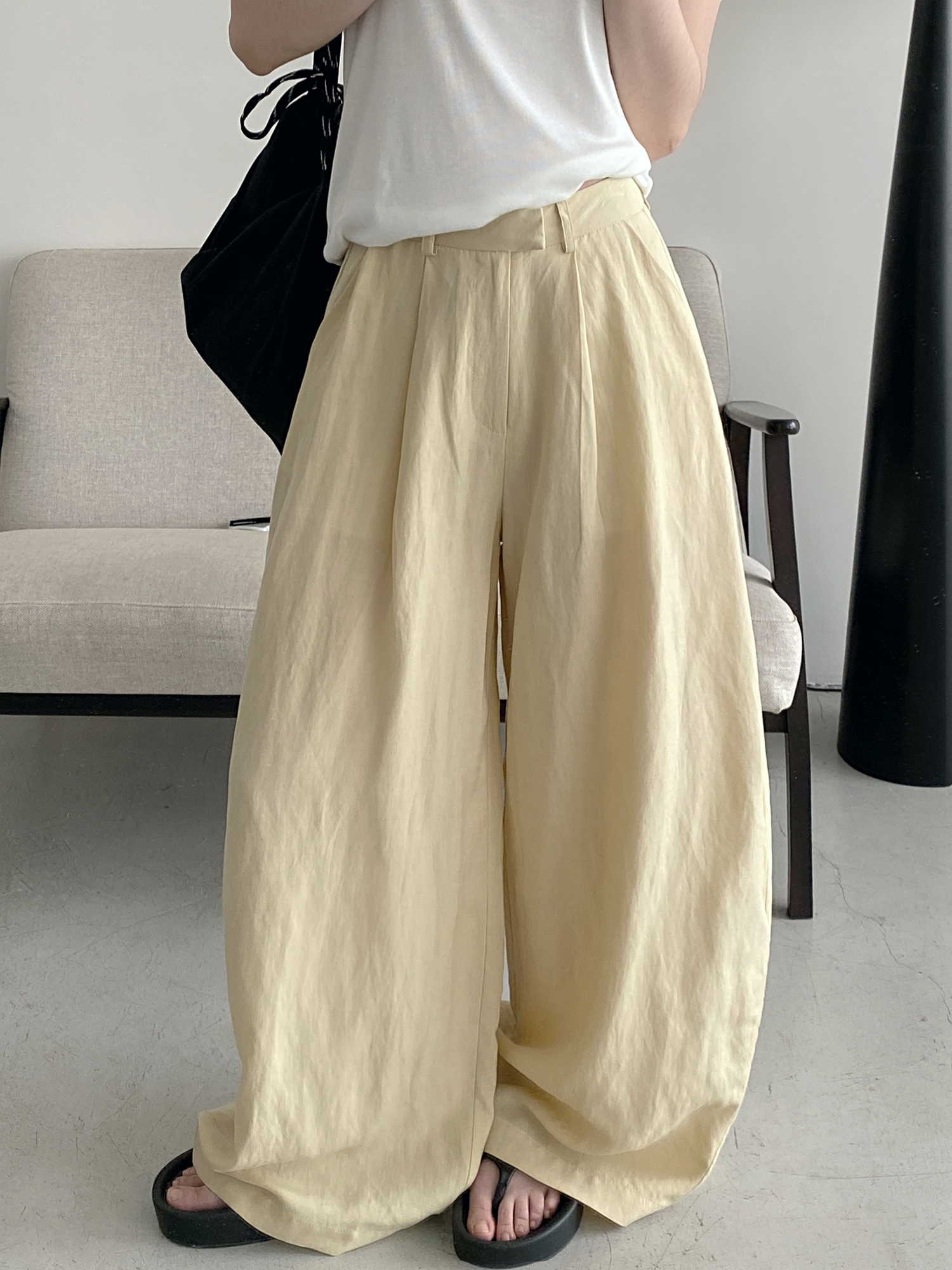 Summer Women's Slim Minimalist Wide-Leg Pants in Sun Grapefruit Linen Tencel - Thin Loose Fit for Effortless Style Summer Women's Slim Minimalist Wide-Leg Pants in Sun Grapefruit Linen Tencel - Thin Loose Fit for Effortless Style