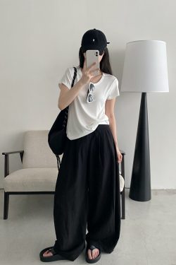 Summer Women's Slim Minimalist Wide-Leg Pants in Sun Grapefruit Linen Tencel - Thin Loose Fit for Effortless Style