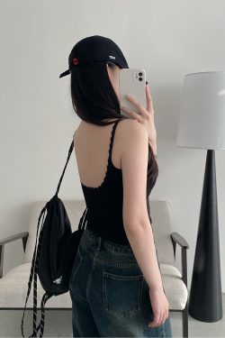 Sun Grapefruit Lace U-Back Tank Top with Hollow Design and Lace Shoulder Straps - Slim Fit, Perfect for Y2K and Summer Style