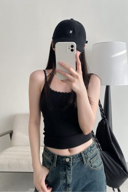 Sun Grapefruit Lace U-Back Tank Top with Hollow Design and Lace Shoulder Straps - Slim Fit, Perfect for Y2K and Summer Style