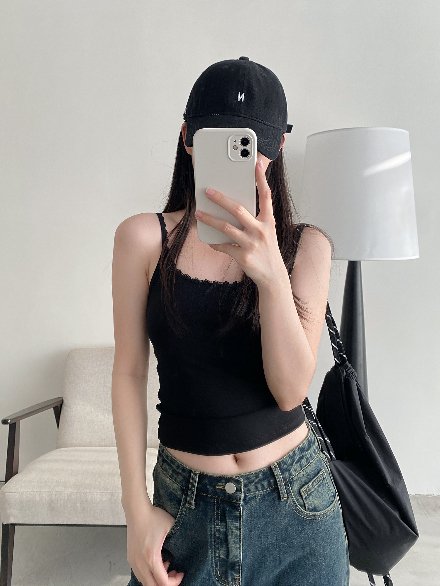 Sun Grapefruit Lace U-Back Tank Top with Hollow Design and Lace Shoulder Straps - Slim Fit, Perfect for Y2K and Summer Style Sun Grapefruit Lace U-Back Tank Top with Hollow Design and Lace Shoulder Straps - Slim Fit, Perfect for Y2K and Summer Style