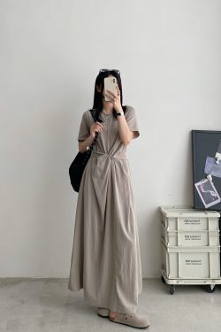 Sun Grapefruit Niche Design Cross-Tie Waist Slimming Long Dress with Short Sleeves - Elegant Summer Fashion