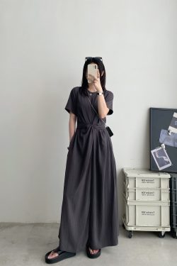 Sun Grapefruit Niche Design Cross-Tie Waist Slimming Long Dress with Short Sleeves - Elegant Summer Fashion